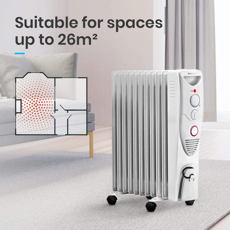 This 2500W oil filled radiator features 11 powerful heating fins which quickly and efficiently warm and circulate hot air throughout your home, office, bedroom or living room.