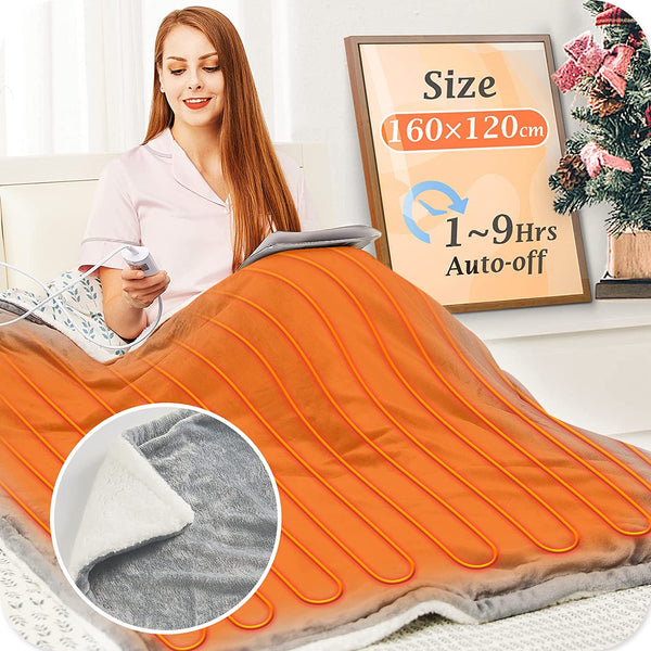 Mia&Coco Electric Heated Blanket Throw Flannel Sherpa Fast Heating 120x160cm, 10 Heat Levels, Auto-Off Timer, LED Display, Machine Washable, Grey