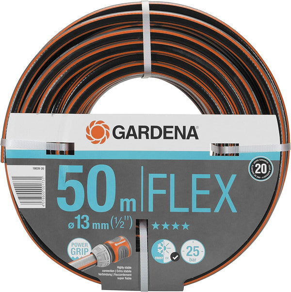 GARDENA Comfort FLEX Hose, 13 mm (1/2 Inch), 50 m, Flexible garden hose, Power Grip Profile, spiral mesh textile, 25 bar burst pressure (18039-20)