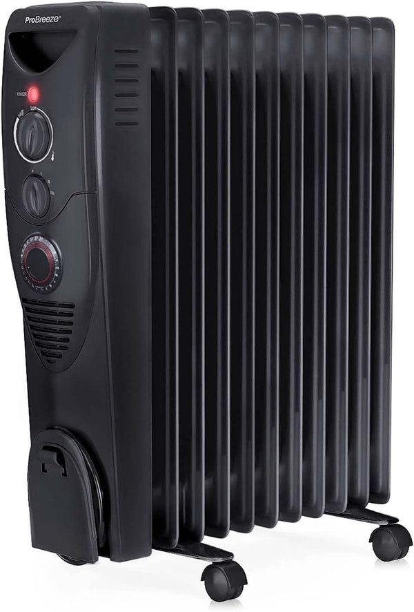 Pro Breeze 2500W Oil Filled Radiator, 11 Fin, Portable Electric Heater, Built-in Timer, 3 Heat Settings, Adjustable Thermostat, Safety Cut-Off, Black