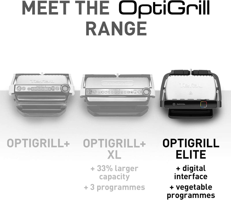 Tefal OptiGrill Elite GC750D40 Intelligent Health Grill, Black and Stainless steel, Smart, 2000 W, 4-6 Portions