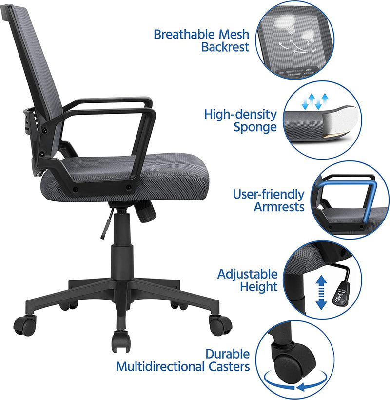 Yaheetech Adjustable Computer Chair Ergonomic Mesh Work Chair Reclining Mid-Back Study Chair with Comfy Lumbar Back Support for Home Office Dark Grey