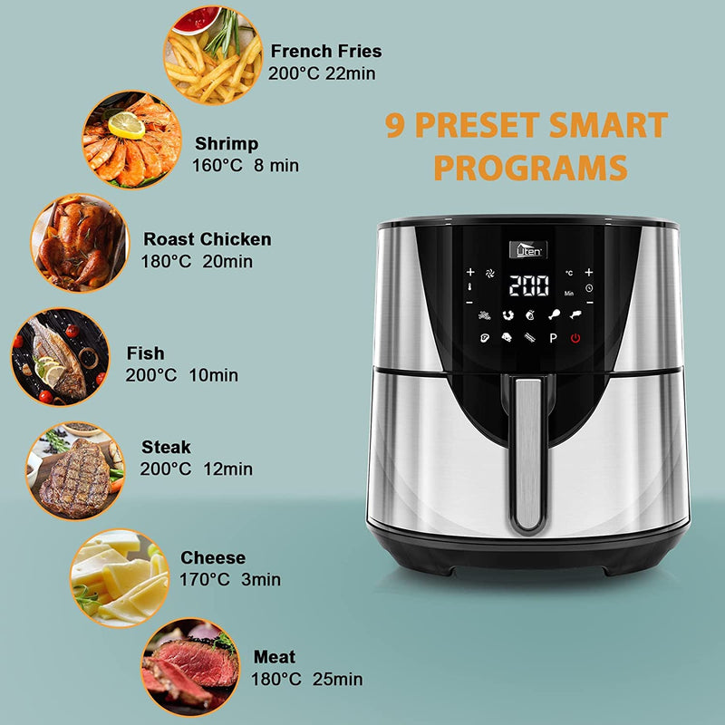 Uten Healthy Air Fryer Oven 7.5 L, 8 Preset Programs, Preheat, Power Off Memory Function, Recipes, 1700W, Stainless Steel