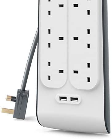Belkin 8 Way/8 Plug 2 m Surge Protection Extension Lead Strip with 2 x 2.4 A Shared USB Charging Plug, White