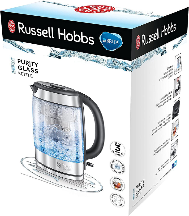 Russell Hobbs 20760-10 Brita Purity Glass Kettle, Filter Kettle with Brita Maxtra+ Cartridge Included, 3000 W, 1.5 Litre