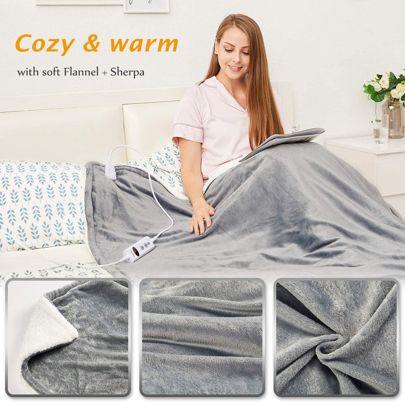Mia&Coco Electric Heated Blanket Throw Flannel Sherpa Fast Heating 120x160cm, 10 Heat Levels, Auto-Off Timer, LED Display, Machine Washable, Grey