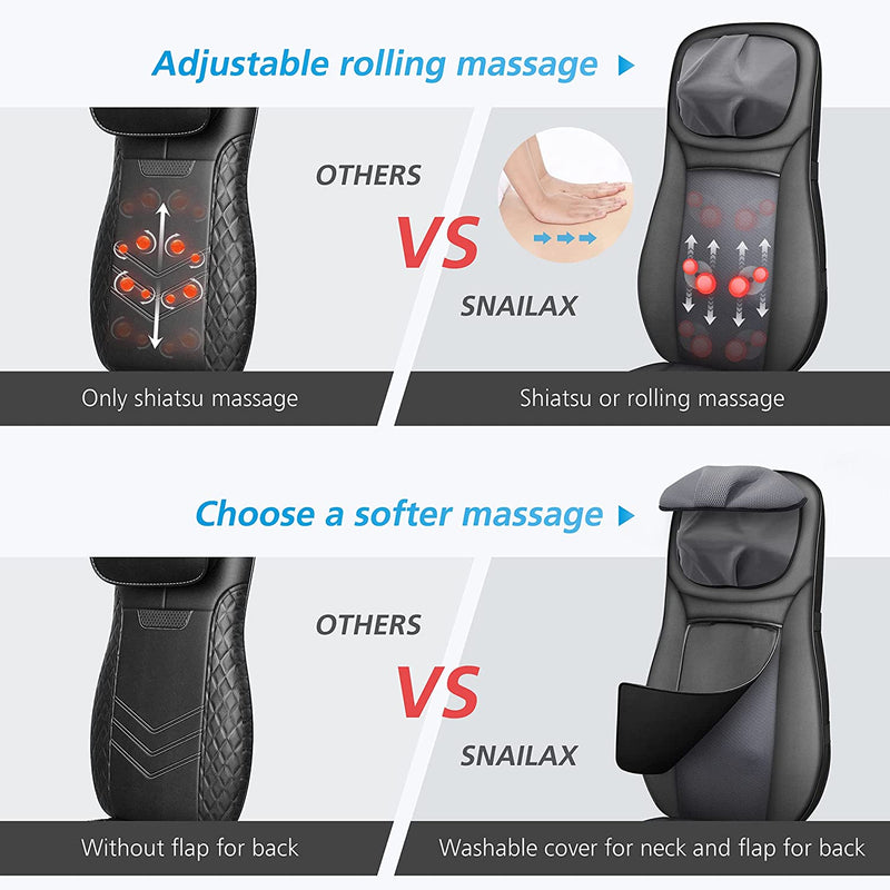 Snailax Shiatsu Neck & Back Massage Chair Seat with Heat, Full Back Kneading Rolling Massage with Height Adjustment, Back Massager Seat Cushion