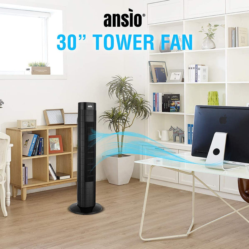 ANSIO Tower Fan with Remote Control 30-inch Powerful Electric Bladeless Fan for Bedroom & Office 7.5 Hours Timer 3 Speed Oscillating Fan - Black