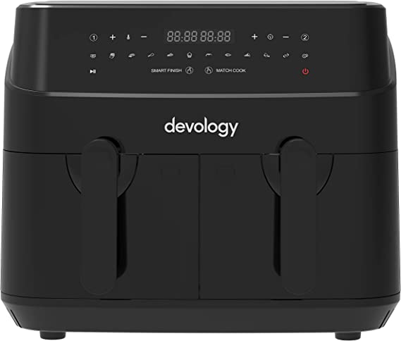 Devology Double Air Fryer - 9L - 2 x 4.5L Independent Cooking Zones - 50 Recipe Cookbook- 12 Cooking Programs - Digital LED Display - Healthy Oil-free