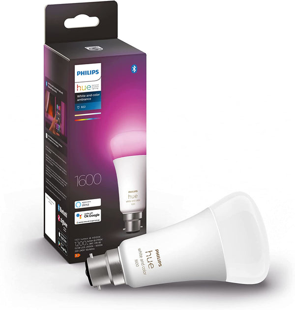 Philips Hue White & Colour Ambiance Single Smart Bulb LED [B22 Bayonet Cap] - 1600 Lumens (100W equivalent). Works with Alexa, Google, Apple Homekit