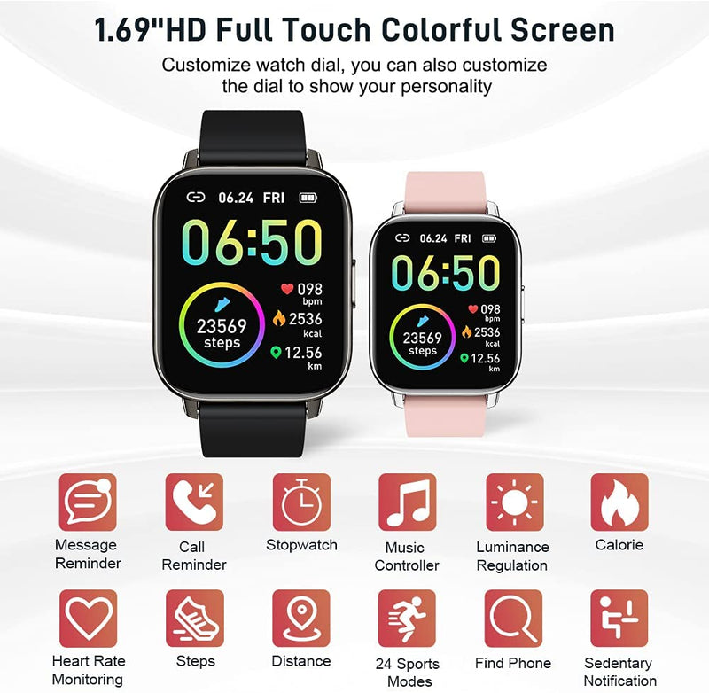 Smart Watch, Fitness Tracker 1.69" Touch Screen Fitness Watch with Heart Rate Sleep Monitor, Step Counter Activity Trackers Waterproof for iOS Android