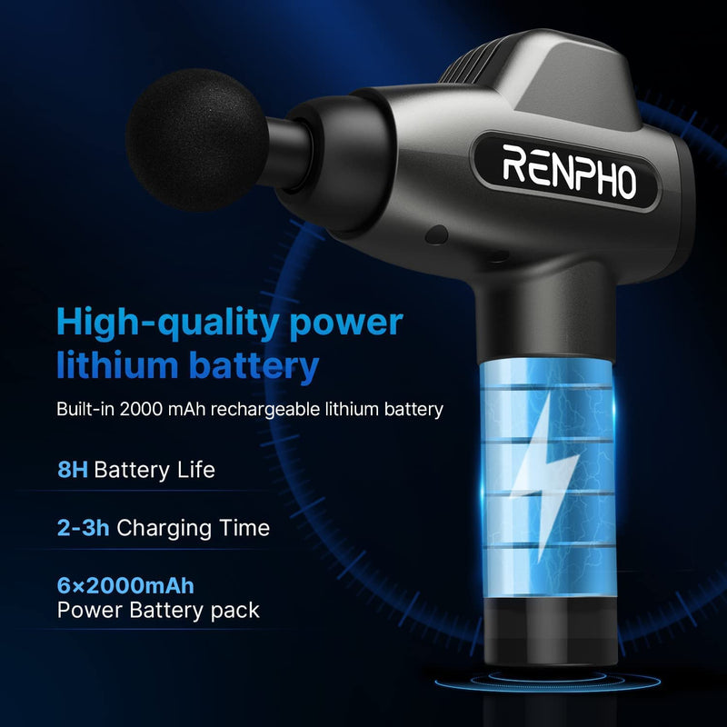 The RENPHO massage gun has a built-in rechargeable 2000mAh battery, which lasts up to 8 hours after a single charge.