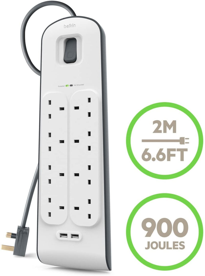 Belkin 8 Way/8 Plug 2 m Surge Protection Extension Lead Strip with 2 x 2.4 A Shared USB Charging Plug, White