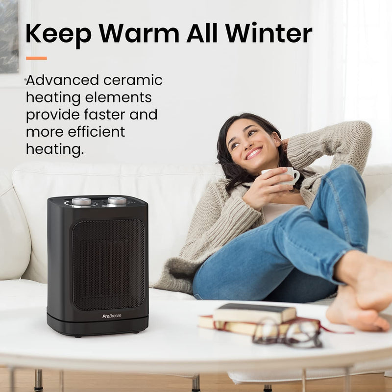 Pro Breeze 1800W Mini Ceramic Fan Heater – Automatic Oscillation, 2 Heat Settings and Fan Only Mode, Black