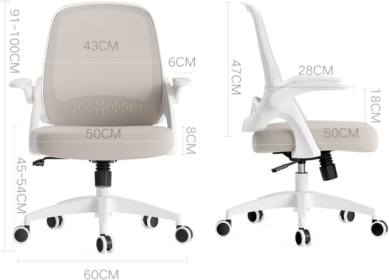 Hbada Office Desk Chair Flip-up Armrest Ergonomic Task Chair Compact 120° Locking 360° Rotation Seat Surface Lift Reinforced Nylon Resin Base, Grey