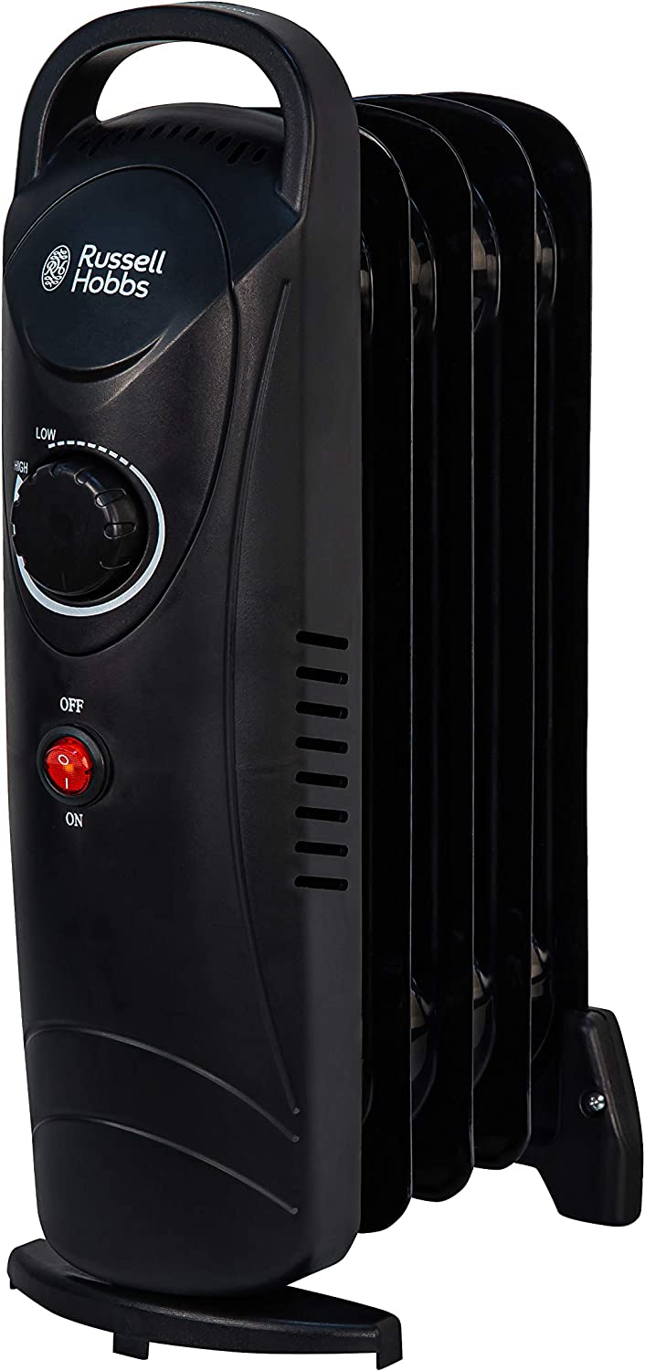Russell Hobbs 650W Oil Filled Radiator, 5 Fin Portable Electric Heater, Adjustable Thermostat, Safety Cut-off, 10 m sq Room Size, Black RHOFR3001