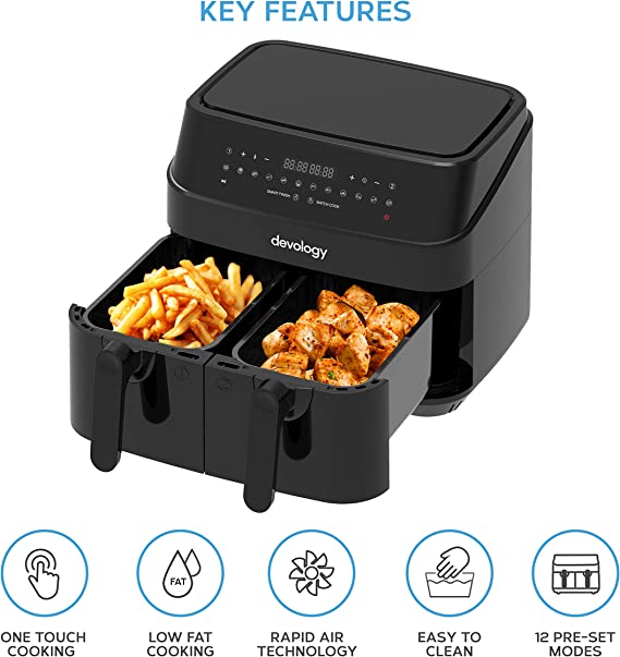 Devology Double Air Fryer - 9L - 2 x 4.5L Independent Cooking Zones - 50 Recipe Cookbook- 12 Cooking Programs - Digital LED Display - Healthy Oil-free