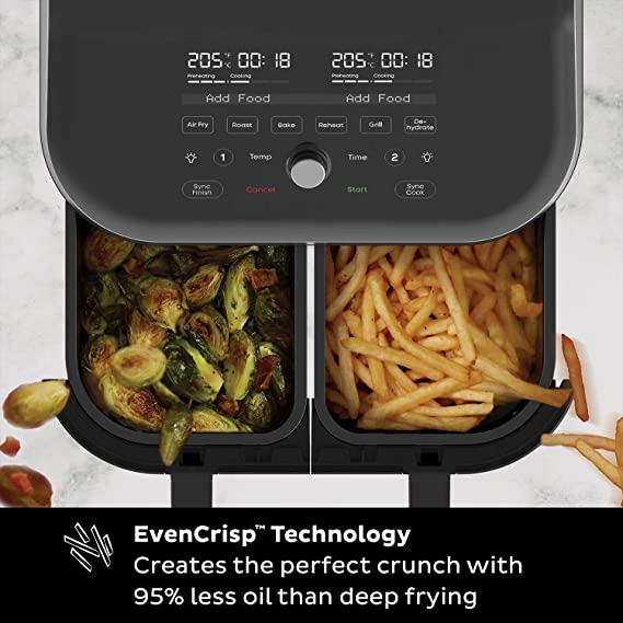 Instant Vortex Plus Digital Health Air Fryer Oven - Dual Basket with ClearCook Windows - 7.6L, 8-in-1 Cooking Programmes, Charcoal, 1700W