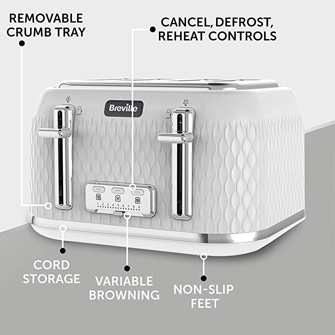 Breville Curve 4-Slice Toaster with High Lift and Wide Slots | White & Chrome [VTT911]
