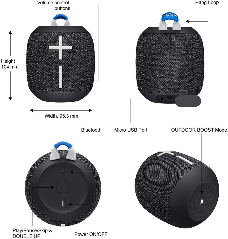 Ultimate Ears Wonderboom 2 Wireless Speaker, Deep Bass, 360 ° Surround Sound, Waterproof, 2 Speaker Connection for Powerful Sound, 13h Battery, Black