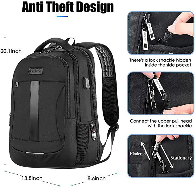 Sosoon Laptop Backpack, Anti-Theft Business Travel Work Computer Rucksack with USB Charging Port, Large Lightweight College School Bag 17 inch Black