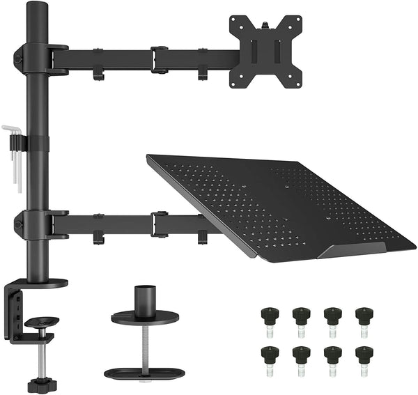 BONTEC Monitor Arm Mount with Laptop Tray for 13 to 27 inch LCD LED Screen & up to 15.6 inch Notebook, Desk Stand Bracket with Clamp