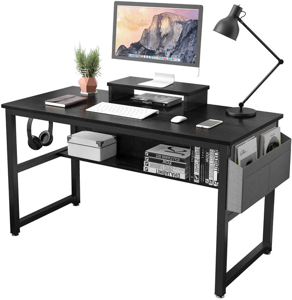 TREETALK Computer Desk, Industrial Writing Desk with Storage Bag, 47in Computer PC Laptop Table with Bookshelf and Wood Monitor Stand Riser Black