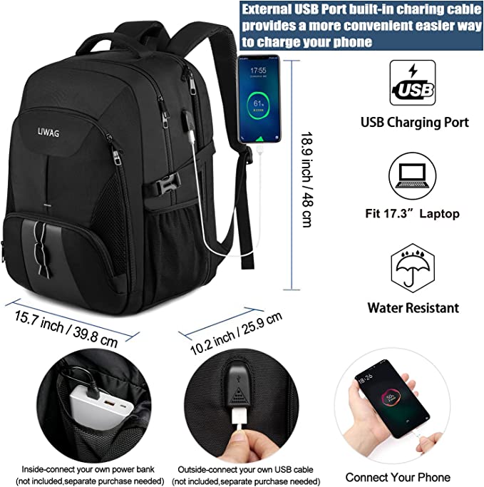 ‎LIWAG Extra Large Travel Laptop Backpack, Water Resistant Work Bag with USB Charging Port, College School Computer Rucksack Fits 17 Inch Laptop