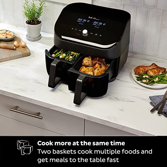 Instant Vortex Plus Digital Health Air Fryer Oven - Dual Basket with ClearCook Windows - 7.6L, 8-in-1 Cooking Programmes, Charcoal, 1700W