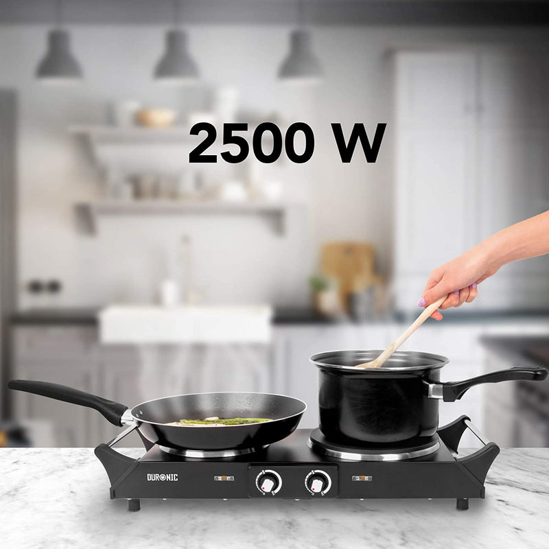 Duronic Hot Plate HP2BK, Table-Top Cooking. 2500W, Black Steel Electric Double Hob with Handles, 2 Cast Iron Portable Hob Rings 1500W & 1000W