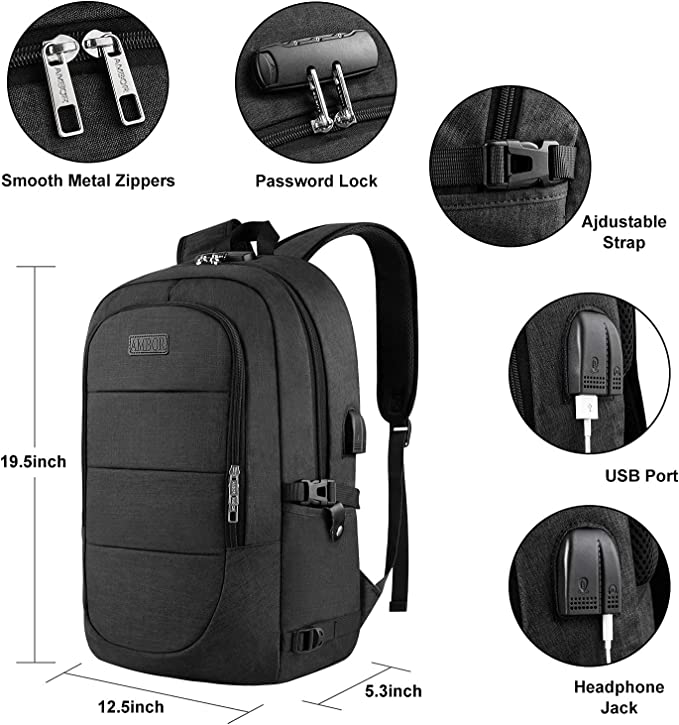 AMBOR Laptop Backpack 17.3 Inch, Anti-Theft Business Travel Rucksack Bag with USB Charging Port, Water Resistant College School Computer Daypack Black