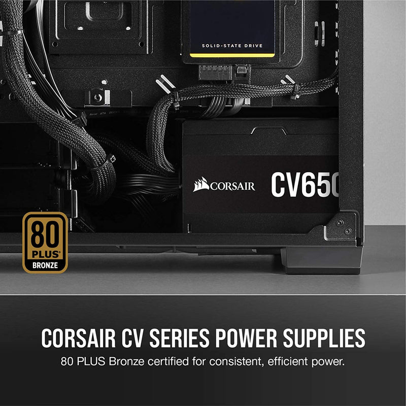 Corsair CV650 80 PLUS Bronze Non-Modular ATX 650 Watt Power Supply (Full Continuous Power, 120 mm Low-Noise Cooling Fan, Black Sleeving and Casing)