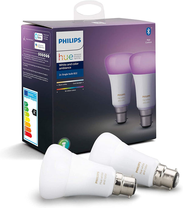 Philips Hue White and Colour Ambiance LED Smart Light Bulb 2 Pack [B22 Bayonet Cap] 60W Equivalent, with Bluetooth [Energy Class A]