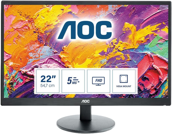 AOC E2270SWDN - 22 Inch FHD Monitor, 60Hz, TN, 5ms, Vesa 100 x 100, Tilt, Multimedia monitor (1920 x 1080 @ 60Hz, TN, 5ms, DVI/VGA)