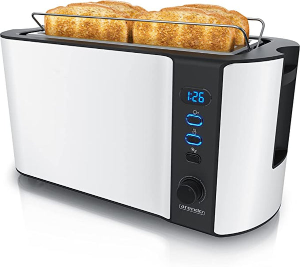 Arendo - Frukost 4 slice long slot toaster -  with warming rack – 6 browning settings – auto bread centring – reheat defrost cancel function - White