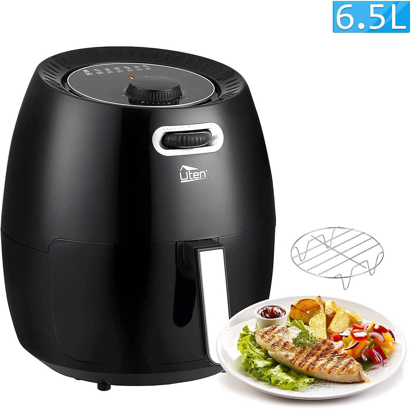Uten 6.5L Air Fryer Oven Oil Free Fryer with Temperature Control and Timer, with Partition and Bracket, Detachable Basket, 1800W, Black