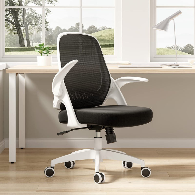 Hbada Office Desk Chair Flip-up Armrest Ergonomic Task Chair Compact 120° Locking 360° Rotation Seat Surface Lift Reinforced Nylon Resin Base, White