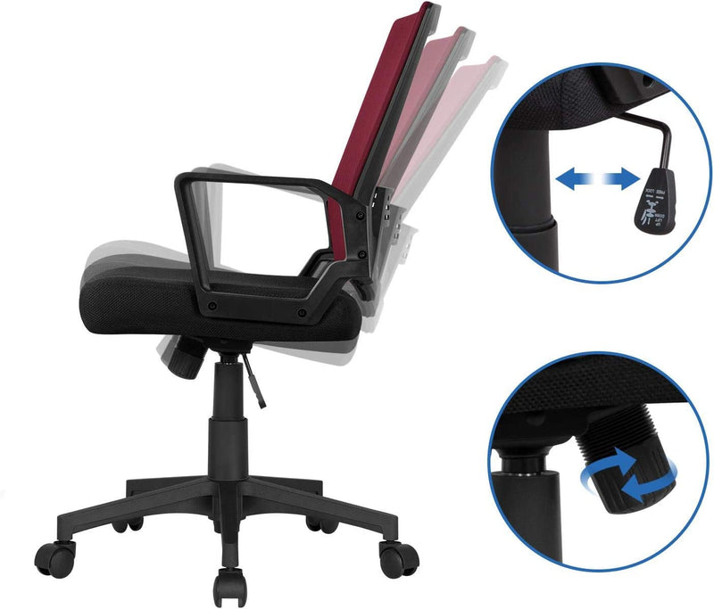 Yaheetech Adjustable Computer Chair Ergonomic Mesh Work Chair Reclining Mid-Back Study Chair with Comfy Lumbar Back Support for Home Office Red