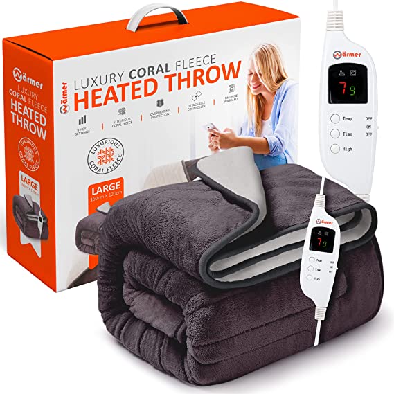 Warmer Heated Throw Electric Blanket - Digital Controller - Timer, 9 Heat Settings, Auto Shutoff - Machine Washable - Large 160cm x 120cm