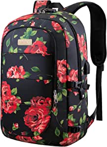 AMBOR Laptop Backpack 17.3 Inch for Women, Anti-Theft Travel Rucksack Bag with USB Charging Port, Water Resistant College School Daypack Red Roses