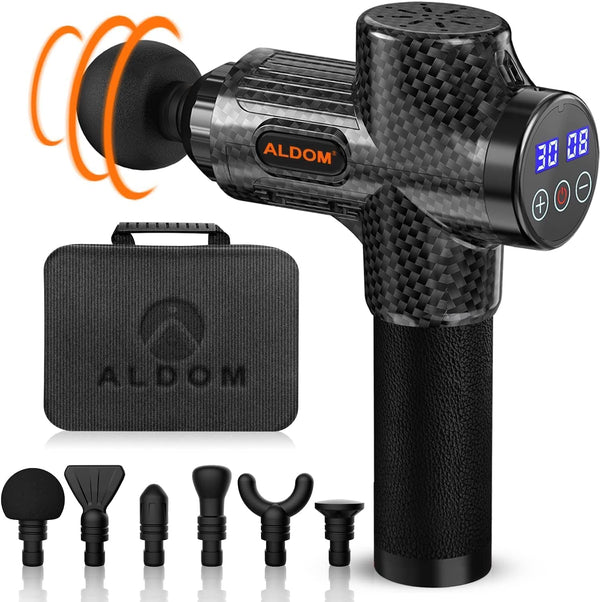 ALDOM Massage Gun Deep Tissue Percussion Massager, 30 Speeds with 6 Heads, LCD Touch Screen Handheld Body Massager for Muscle Pain Relief Relax Carbon