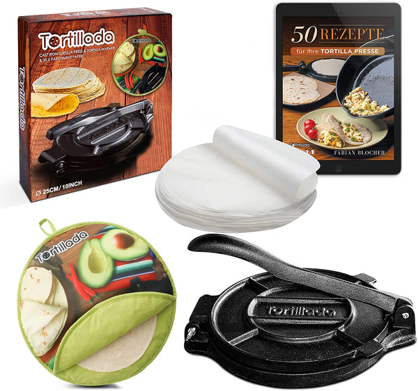 Tortillada – 25cm Premium Cast Iron Tortilla Press + E-Book"50 Tortilla Recipes" + Tortilla Warmer incl. 100pcs Parchment
