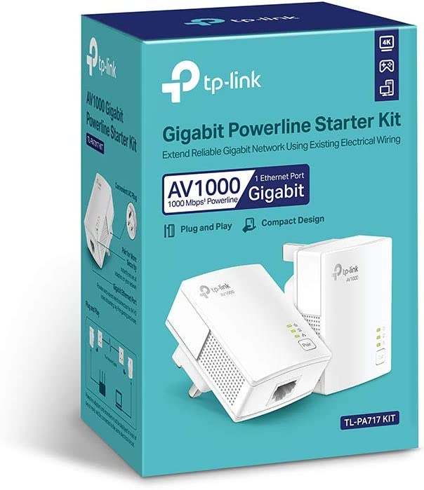 TP-Link TL-PA717 KIT 1-Port Gigabit Powerline Starter Kit, Data Transfer Speed 1000 Mbps for HD 4K Video Streaming and Online Gaming (for Wired Only)