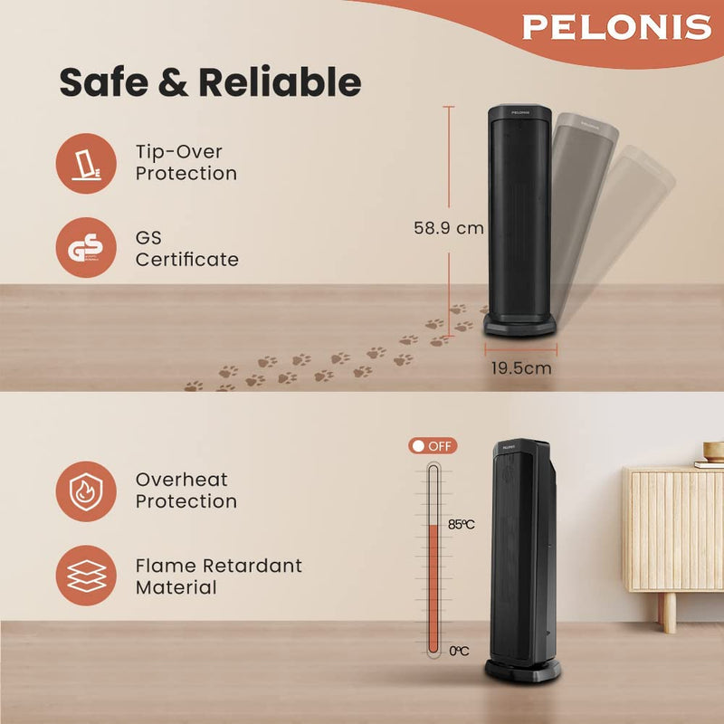 PELONIS Electric Space Heater 2000W, Remote Control, Energy Efficient, Portable Ceramic Heater, 75° Oscillation, Thermostat, Overheat Protection Black