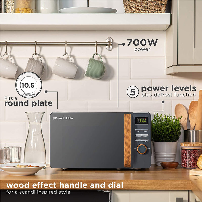 This attractive Scandi design microwave with 700 watts of power, boasts 5 power levels to tailor the cooking to suit your recipe.