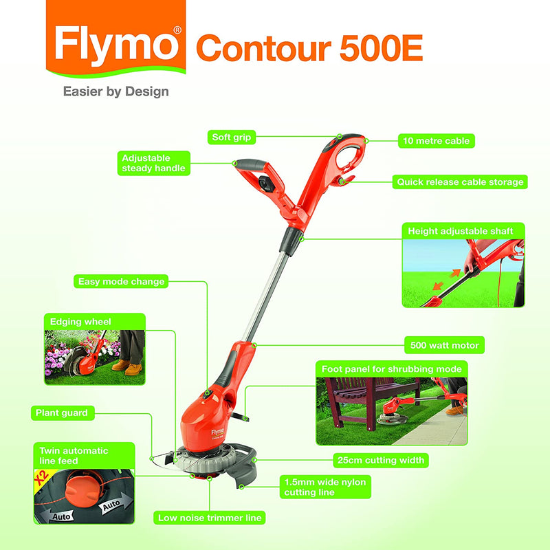 Flymo Contour 500E Electric Grass Trimmer and Edger, 500 W, Cutting Width 25 cm, Orange
