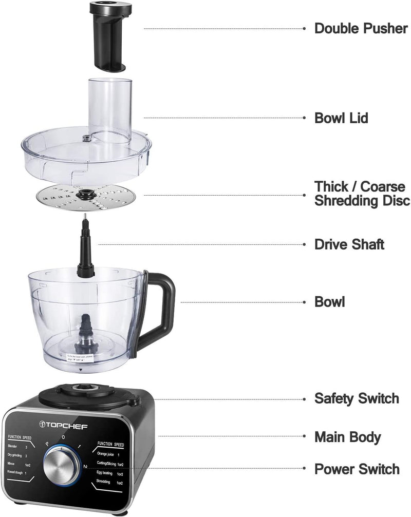 TOPCHEF 1100W Multifunctional Food Processor - Mixer, Crusher, Grinder, Citrus Juicer, Kneading Dough Blades with 3.2 L Bowl, 1.5 L Mixing Cup Black
