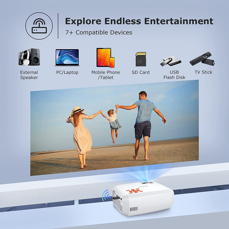 【Large Screen & Built-in Speaker】- The projection display size is 39-162 inches, and the projection distance is 1.3m-5m. The movie projector has built-in speakers that offer excellent sound quality and stereo, and you can also connect to external speakers to meet your higher quality sound requirements.