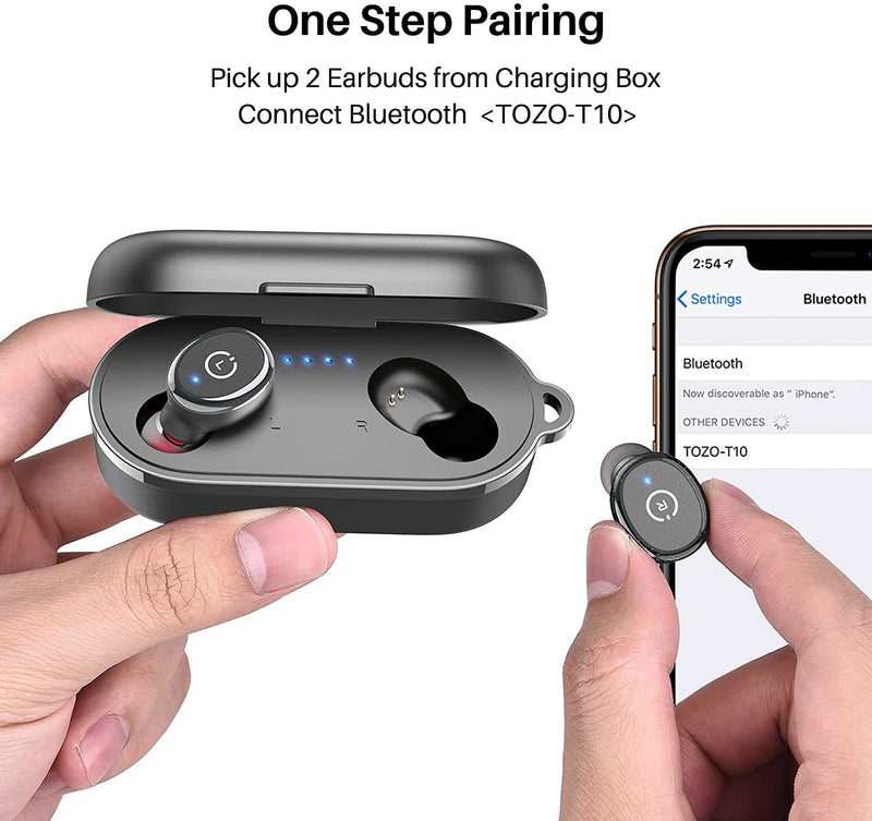 Simply take 2 headsets out from the charging case, and they will connect each other automatically and then only one step easily enter mobile phone Bluetooth setting to pair the earbuds.