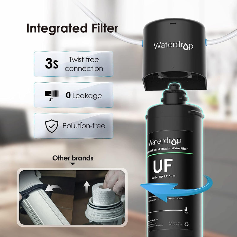 Waterdrop 15UB-UF 0.01 μm Ultra Filtration Under Sink Water Filter System for Baçtёria Reduction, Reduces Lead, Chlorine, Bad Taste & Odor, 16K Gallons, with Dedicated Brushed Nickel Faucet, USA Tech